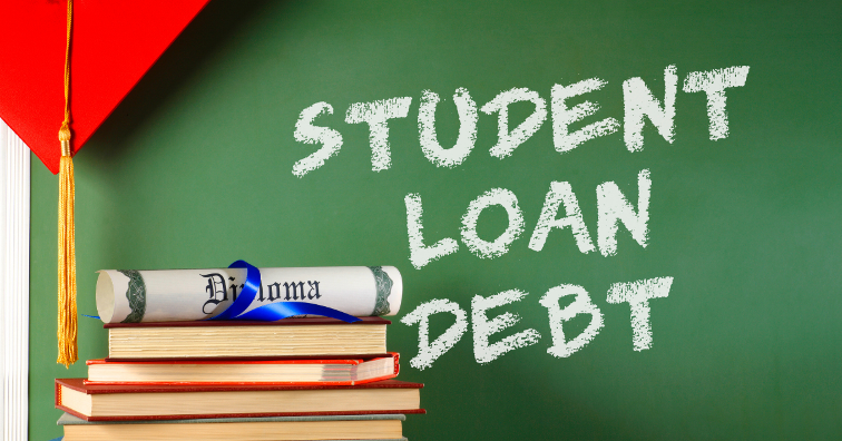 Student Loan Debt written on a green board in a school background setting