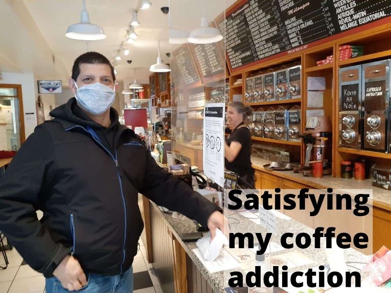 Alain Guillot buying coffee at the local coffee shop