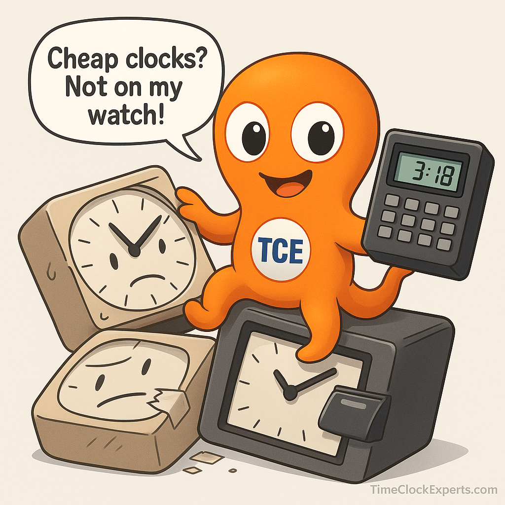 clocktopus-holding-reliable-time-clock-surrounded-by-broken-cheap-clocks-timeclockexperts