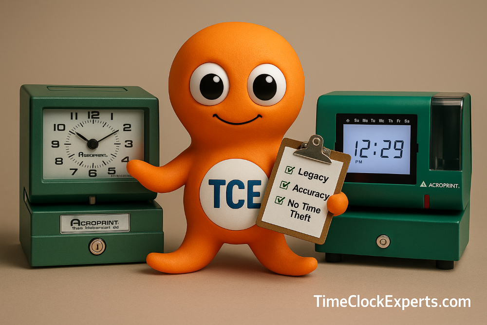 Clocktopus standing next to vintage Acroprint 150NR4 and new M150MC4 holding checklist